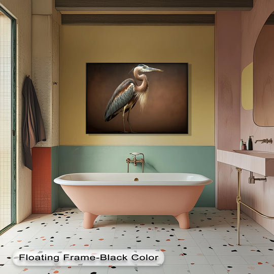 Featuring a sleek black floating frame, this elegant heron bird portrait canvas pictures add a modern touch while beautifully highlighting the earthy tones of the print.