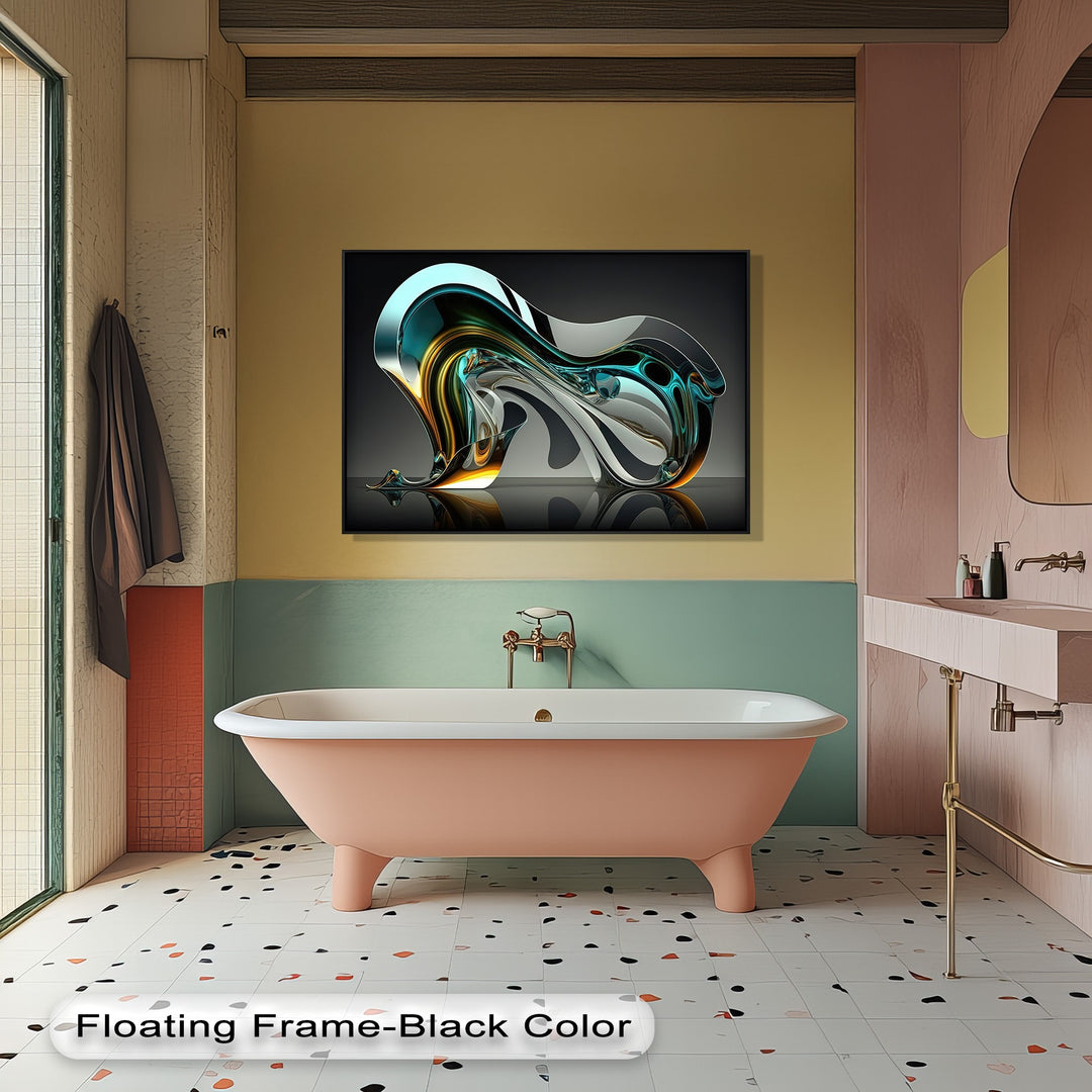 The realistic detail of this canvas painting perfectly captures flowing aqua and gold glass forms, reflecting light with impressive depth.