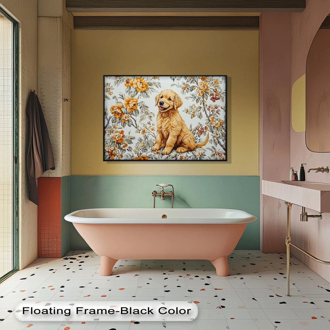 Smiling Golden Retriever Puppy with Vintage Floral Backdrop - Canvas Print - MyPhotoStation