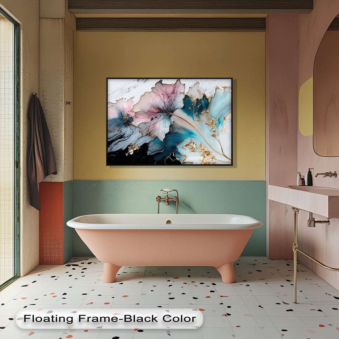 Showcasing its abstract quality, this stunning canvas art features delicate pastel pink and aqua blue floral forms with shimmering gold accents.