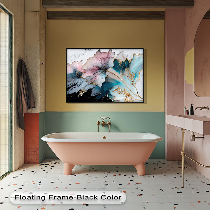 Showcasing its abstract quality, this stunning canvas art features delicate pastel pink and aqua blue floral forms with shimmering gold accents.