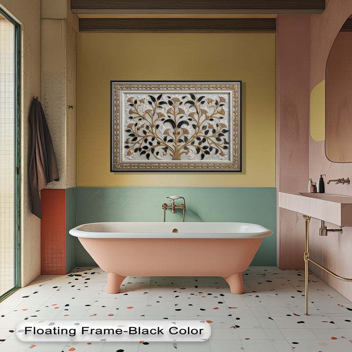 The ornate gold inner border and sleek black floating frame define this elegant floral ornament wall art, perfect for big canvas prints.
