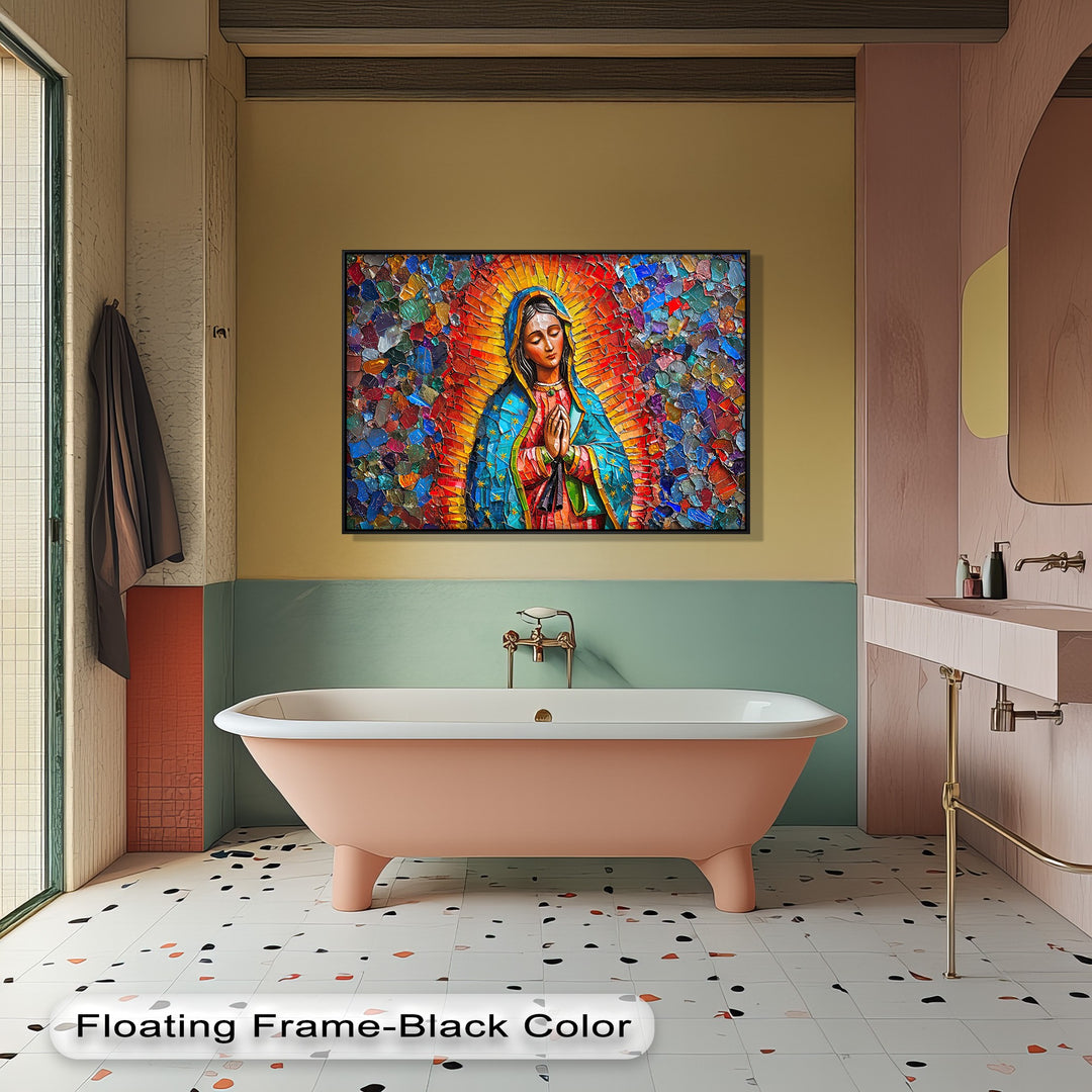 The central subject is Our Lady of Guadalupe, a vibrant mosaic of colorful glass-like textures with a radiant halo, perfect for canvas pictures.