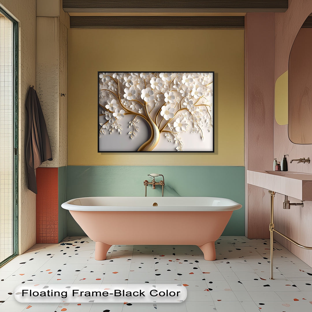 The focal point is a beautiful white blossom tree canvas wall decor with lustrous gold branches on a serene background.