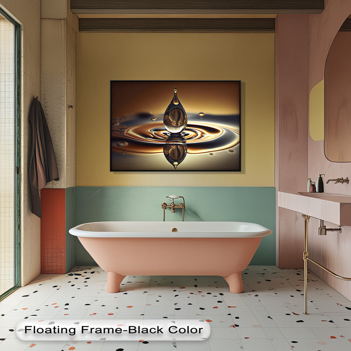 Observing the clear transition between warm and cool colors, a peach tub sits opposite a golden water drop canvas artwork.