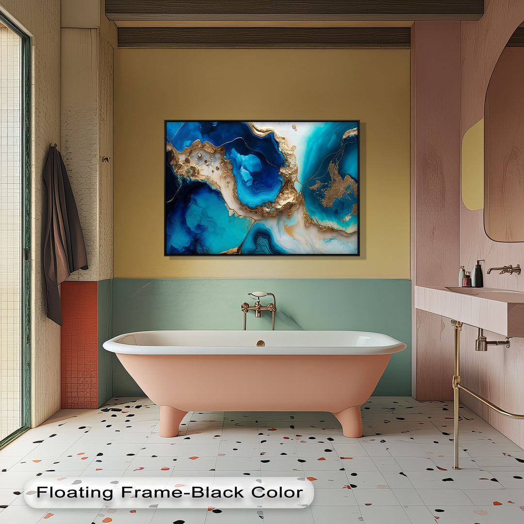 A stunning canvas wall decor piece showcasing abstract blue gold agate with deep turquoise and white swirls, creating a luxurious ocean wall art effect.