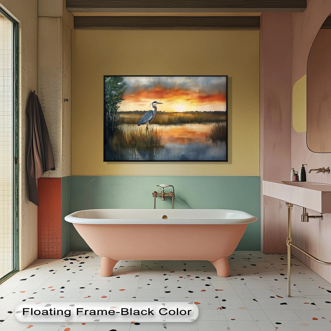 Golden Hour Marshland – Sunset Heron Canvas Wall Art - MyPhotoStation