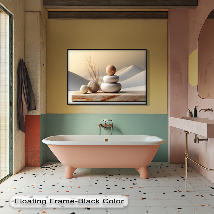 Visual rhythm is created by the balanced Zen stone stack in the minimalist spa canvas pictures, complementing the serene bathroom's colors.