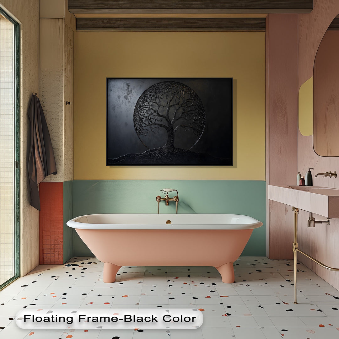 The visual rhythm of the Black Tree of Life framed canvas complements the bathroom's contrasting colors and diverse textures.