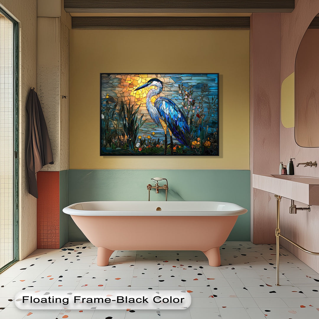 A peach freestanding bathtub and speckled terrazzo floor in the foreground elegantly complement the vibrant stained glass heron canvas art.
