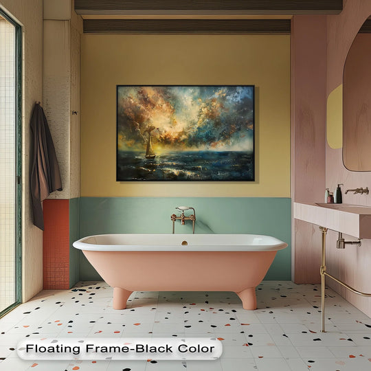 Contrasting colors and textures create a unique canvas art background, setting off a dramatic ocean canvas print of a sailboat voyage.