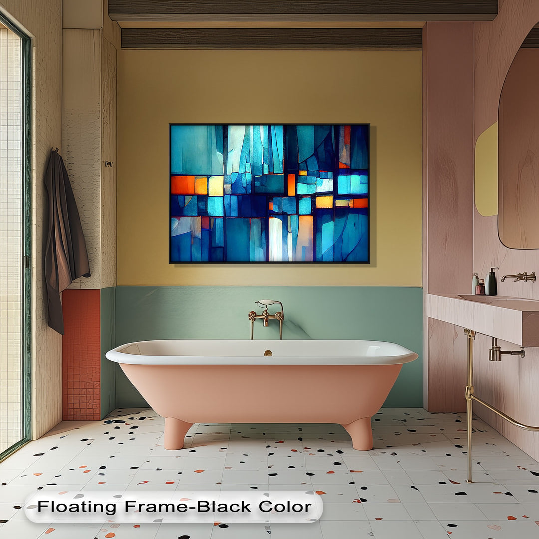 The background features a contemporary bathroom with pale yellow and mint green walls accented by a striking blue mosaic canvas wall art piece.