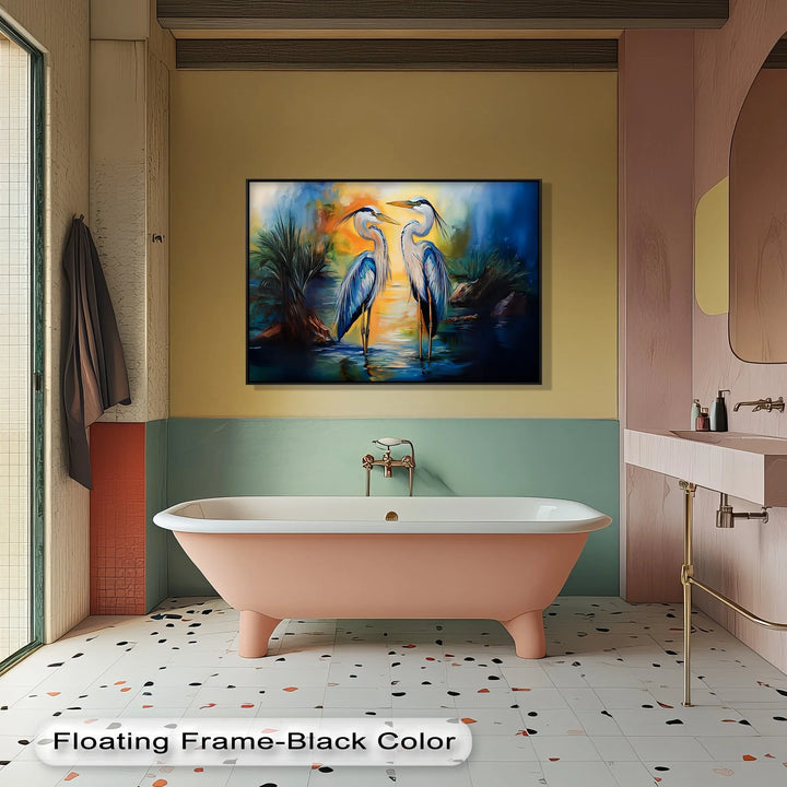 Twin Grace – Elegant Blue Herons at Sunset Canvas Wall Art - MyPhotoStation