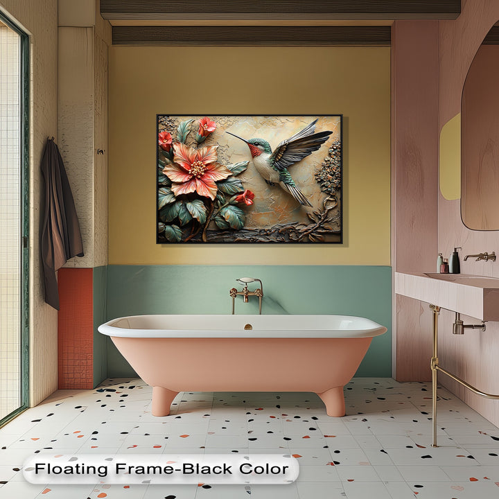 The realistic detail of the 3D-style hummingbird with vibrant coral flowers makes for a stunning piece of canvas wall decor.