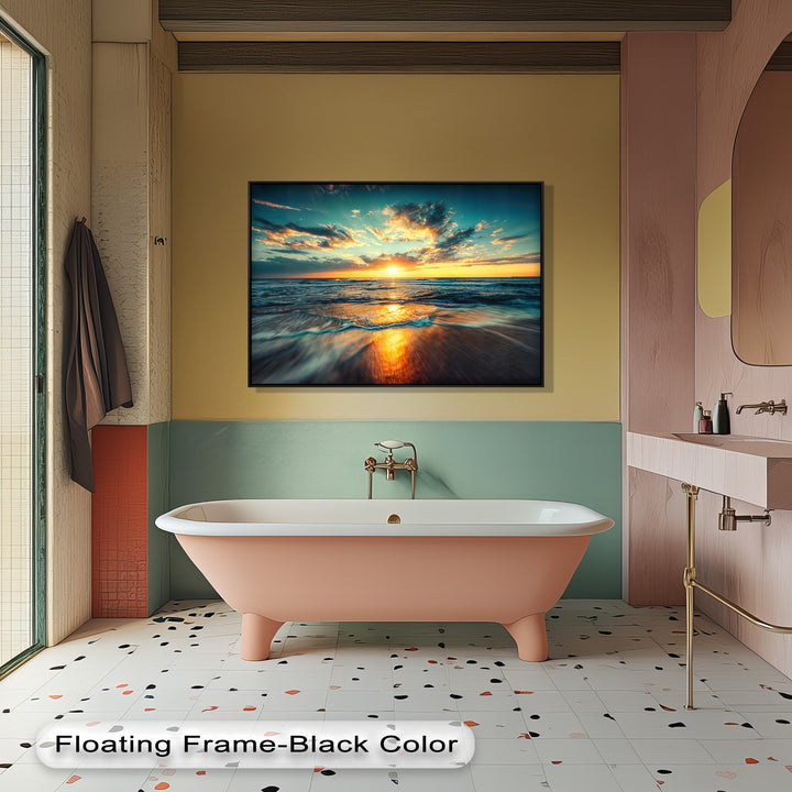 The striking layering effect within this ocean sunset canvas artwork showcases rolling waves reflecting golden light under dramatic clouds.