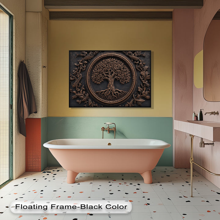 A striking transition from sun-kissed yellow to calm mint green walls beautifully highlights the deep bronze Tree of Life canvas wall art.