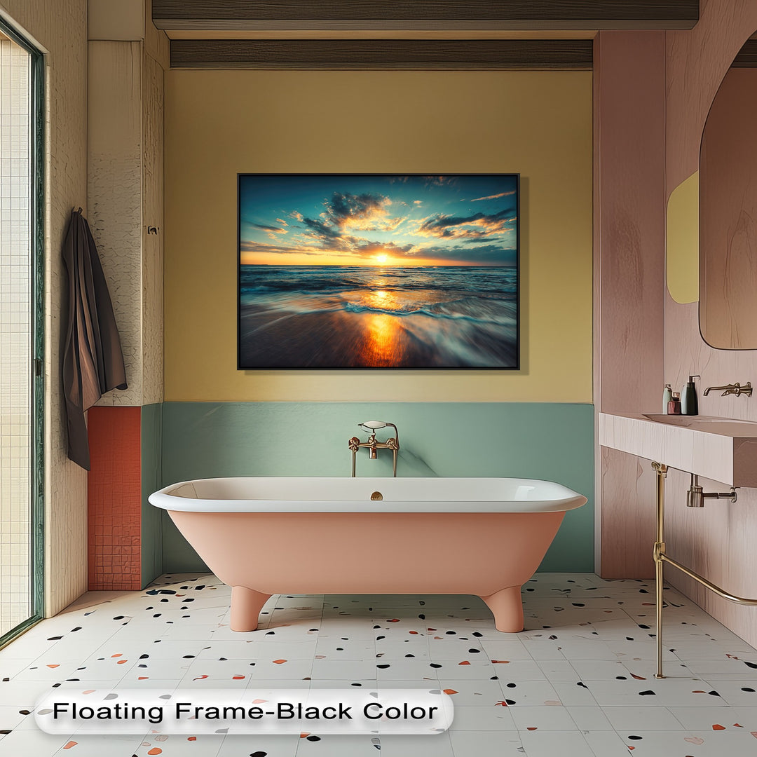 Exhibiting a strong layering effect, this golden ocean sunset canvas wall art hangs over a mint green and terracotta paneled bathroom wall.