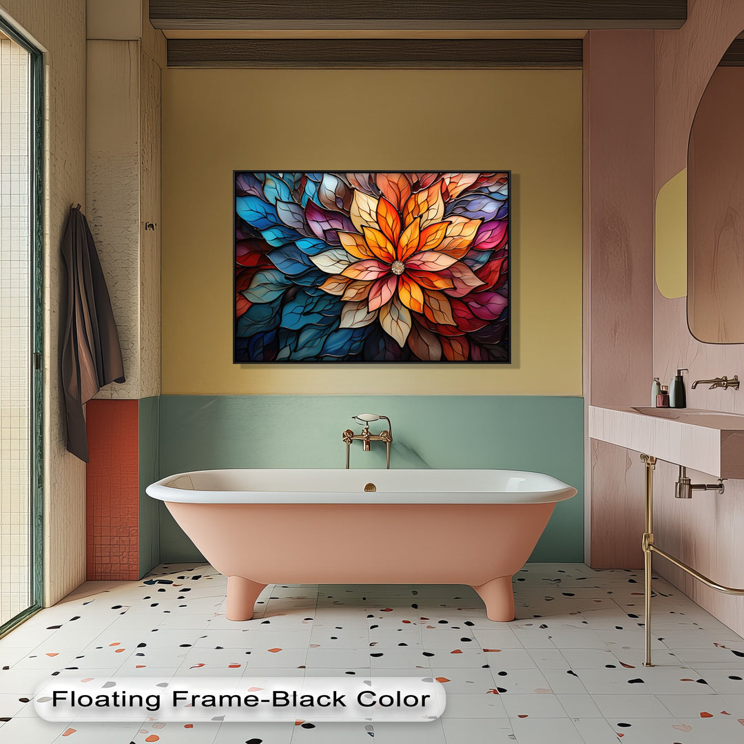 Geometric patterns define the vibrant stained glass flower on this premium canvas decor, showcasing intricately layered petals and a sparkling center.