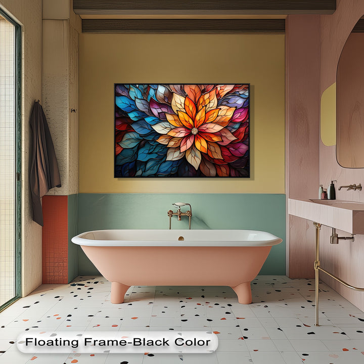 Geometric patterns define the vibrant stained glass flower on this premium canvas decor, showcasing intricately layered petals and a sparkling center.
