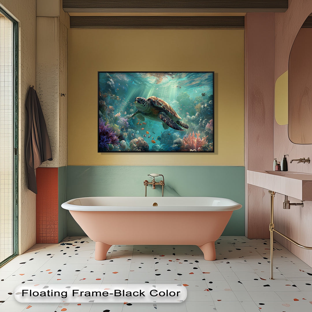 A blush pink bathtub and white terrazzo floor dominate the foreground, subtly contrasting the captivating sea turtle high quality canvas prints.