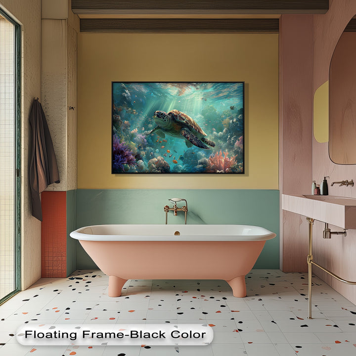 A blush pink bathtub and white terrazzo floor dominate the foreground, subtly contrasting the captivating sea turtle high quality canvas prints.