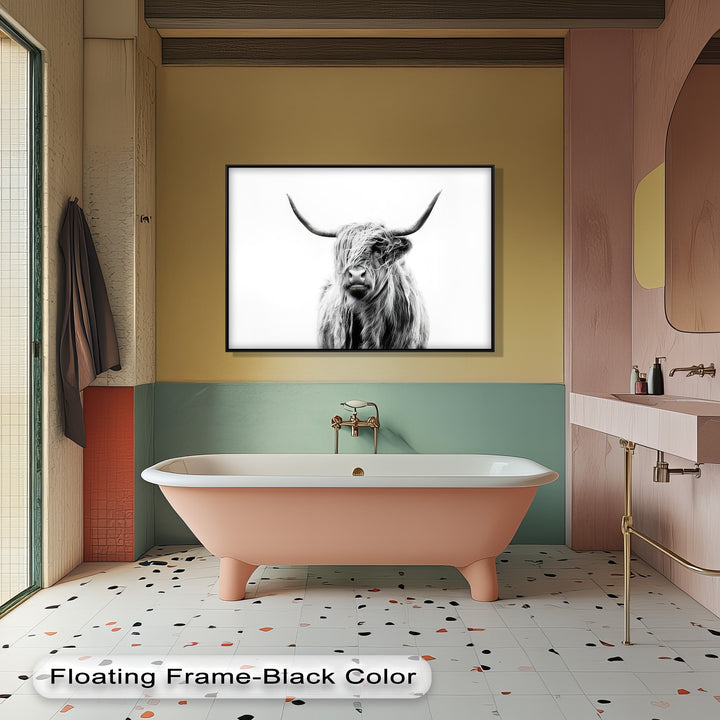 A horizontal rectangular high quality canvas print features a striking black and white portrait of a Highland Cow with shaggy fur and prominent curved horns.