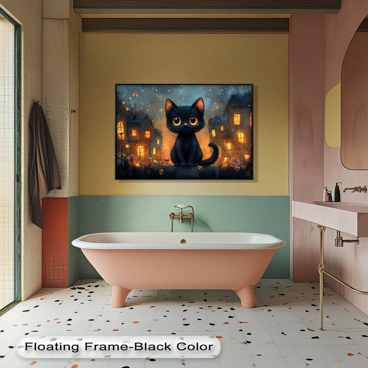 Big-Eyed Black Kitten in a Halloween Town - Cat Canvas Print - MyPhotoStation