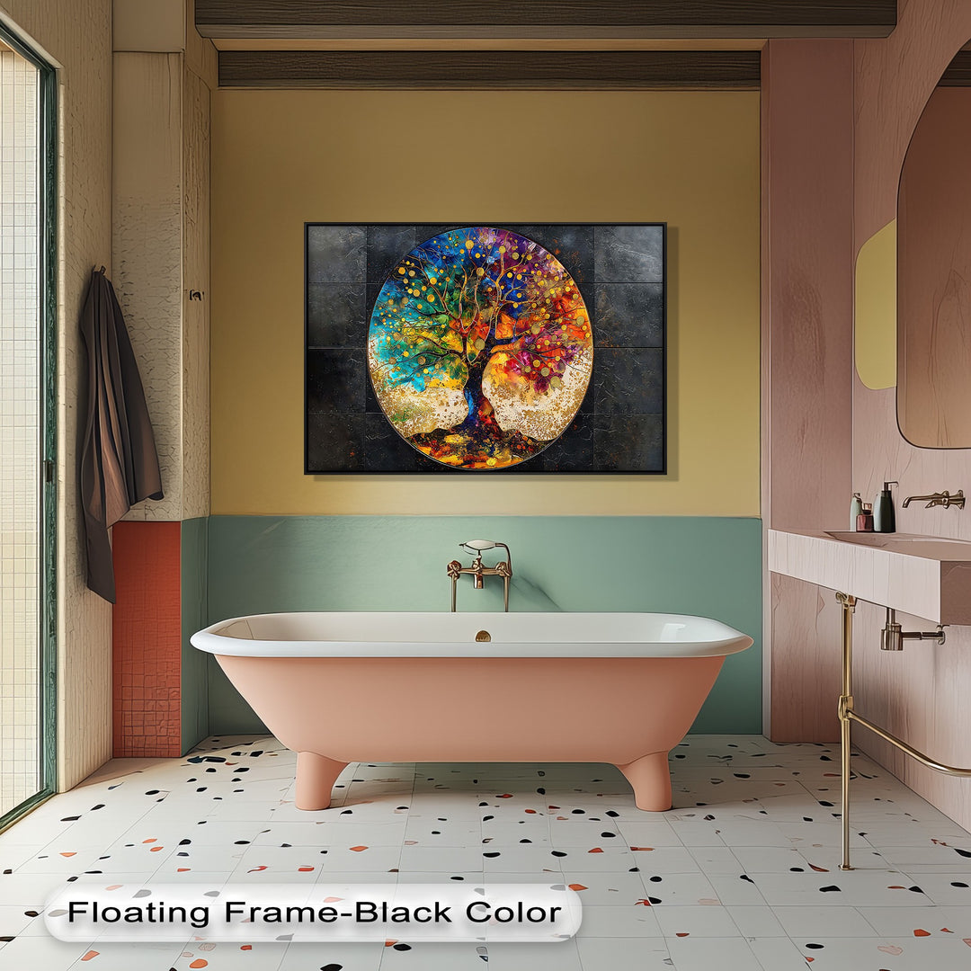 The warm color temperature of the room perfectly complements the vibrant abstract colorful tree high quality canvas prints.