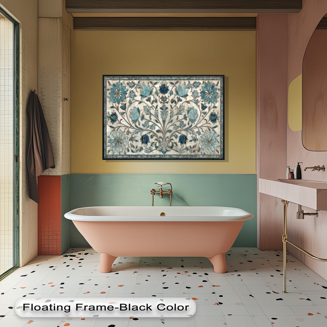A prominent peach clawfoot bathtub rests on a cream terrazzo floor, complementing the elegant blue floral ornament canvas wall decor.
