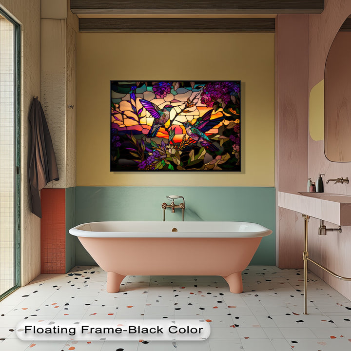 This colorful floral canvas painting, resembling stained glass hummingbirds, is elegantly presented in a sleek black floating frame.