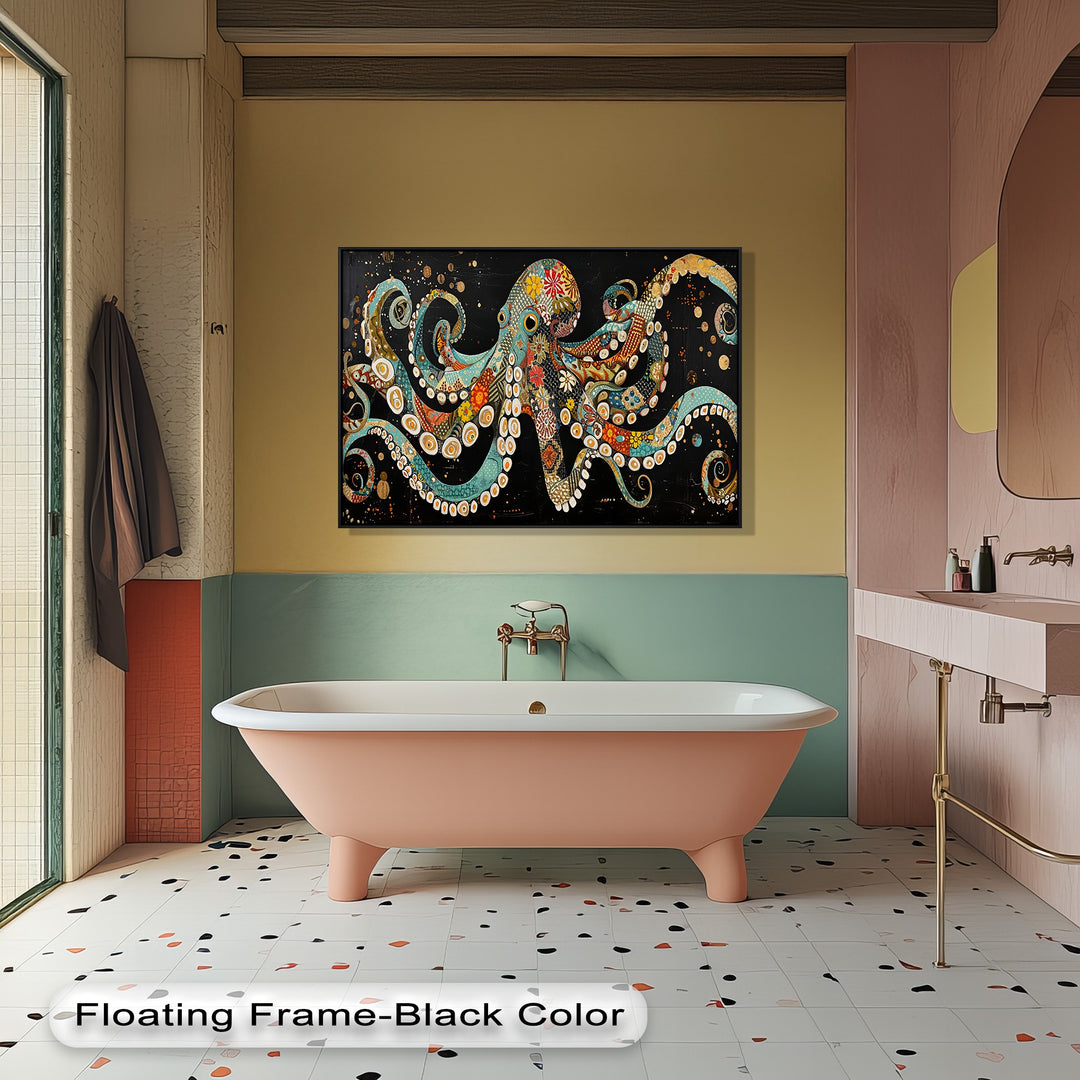 The bathroom background features two-toned walls, a pink tub, and speckled floor, complemented by colorful mosaic octopus canvas pictures.