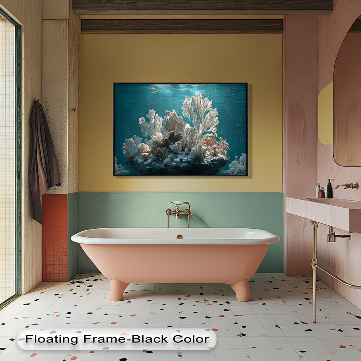 The delicate white coral reef, gently lit by soft sunlight underwater, is beautifully captured in this canvas art print.