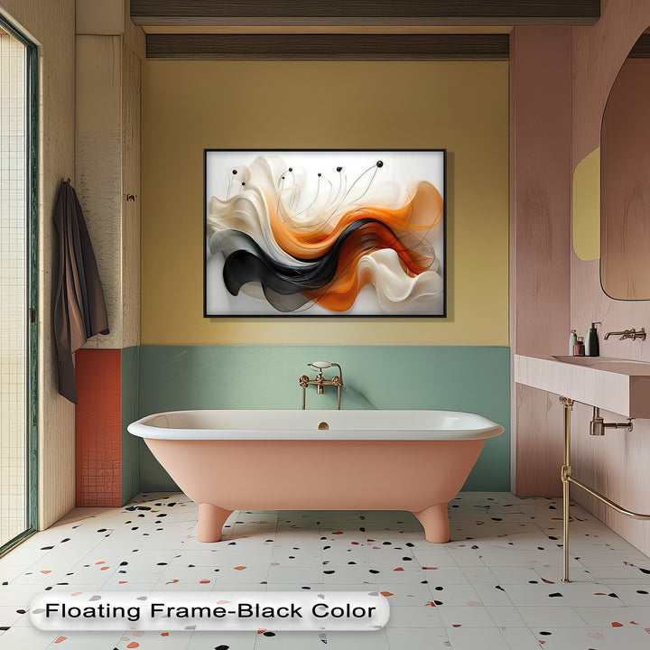 Elegant negative space within the modern abstract orange black flow canvas art prints highlights the vivid, swirling forms.