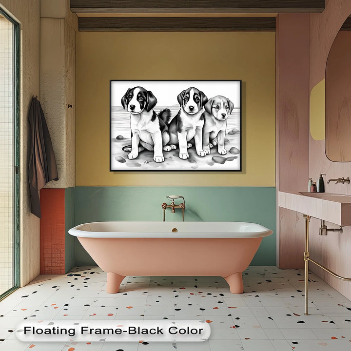 Seaside Trio – Monochrome Puppy Portrait at the Shore Canvas Print - MyPhotoStation