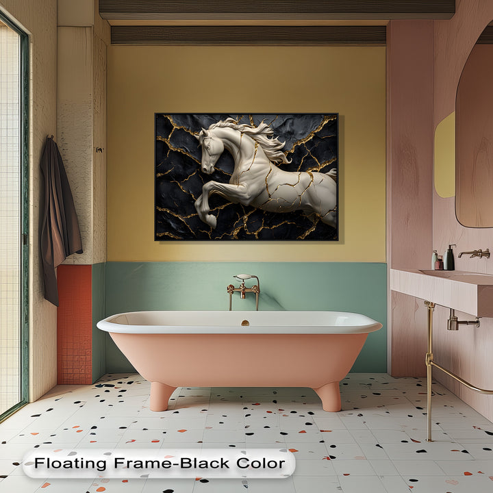 The sculptural surface texture of the luxury white horse canvas art prints highlights intricate gold cracks on a dark, rugged backdrop.