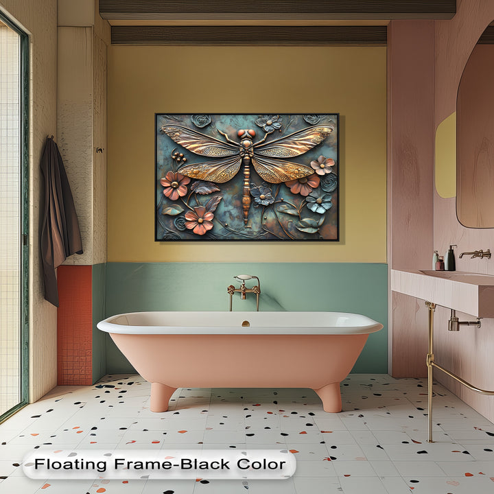 The intricate, embossed surface texture of the 3D-style dragonfly and floral canvas pictures reveals detailed golden wings and sculptural petals.