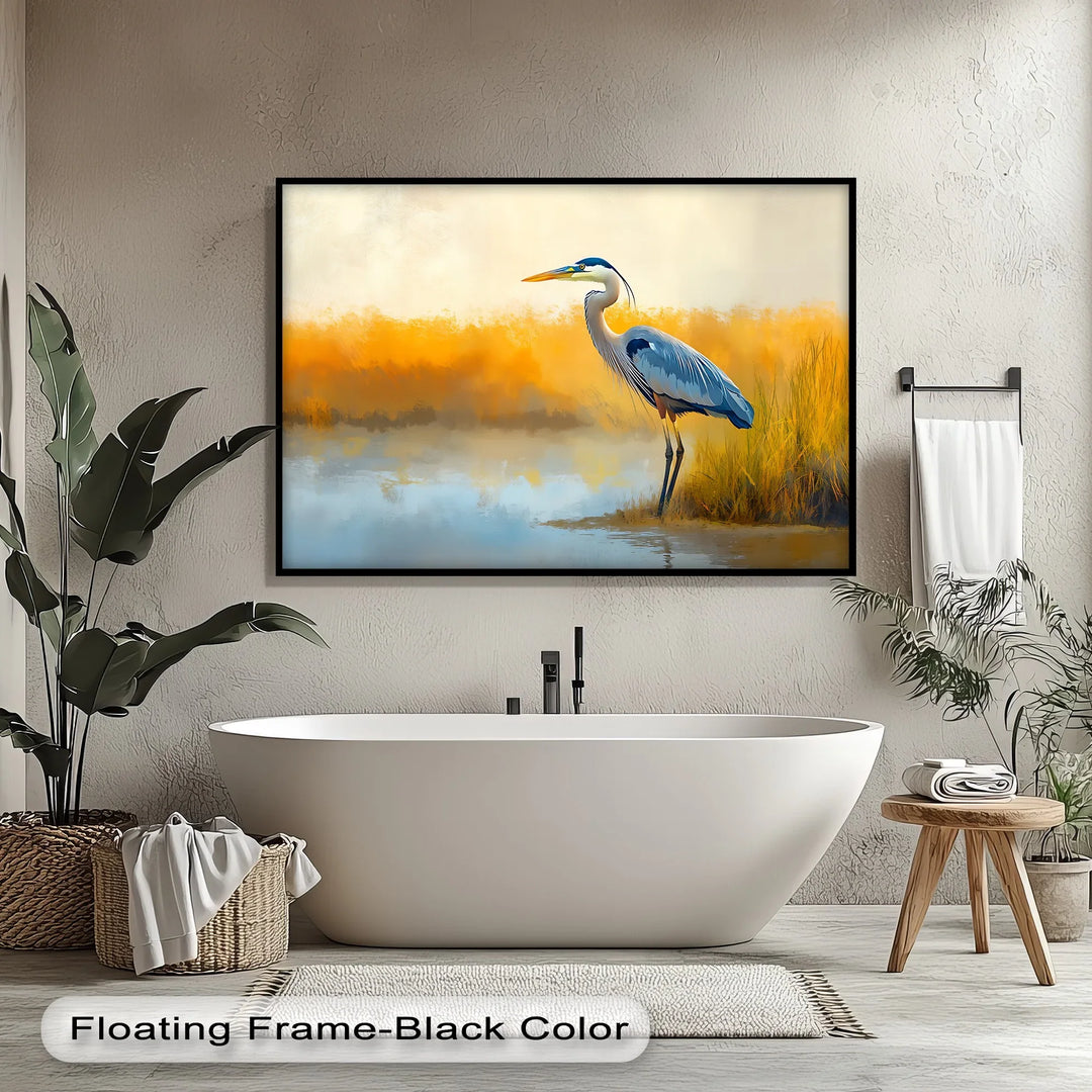 Still Waters – Majestic Heron in Misty Marshland Canvas Wall Art - MyPhotoStation