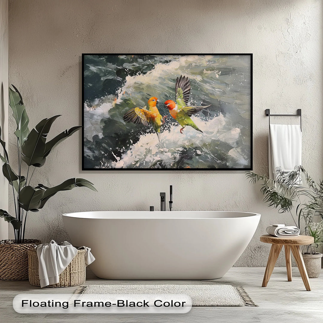 Splash of Love – Colorful Lovebirds Over Ocean Waves Animal Canvas Print - MyPhotoStation
