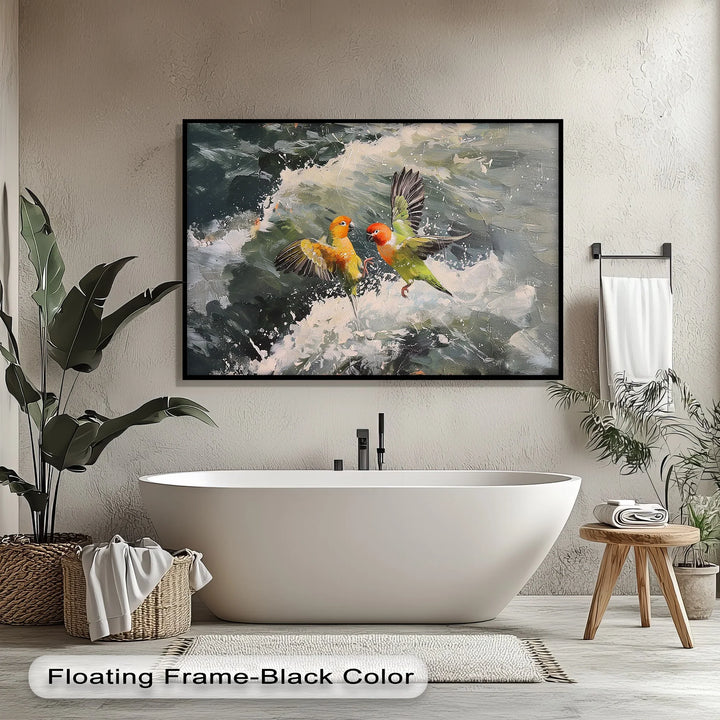 Splash of Love – Colorful Lovebirds Over Ocean Waves Animal Canvas Print - MyPhotoStation