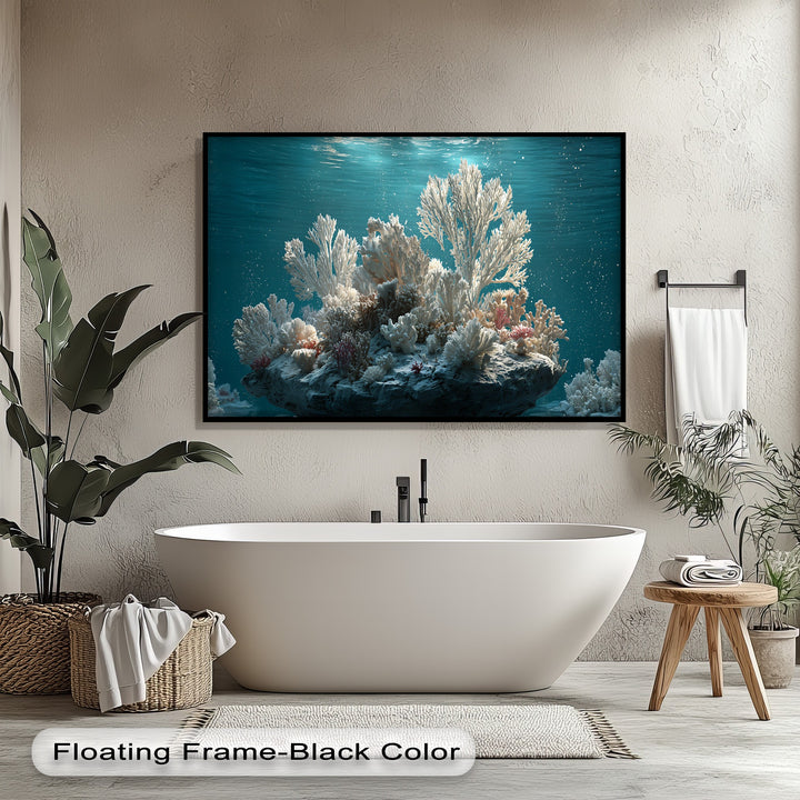 Intricate organic forms of a pristine white coral reef adorn this big canvas prints, depicting a serene underwater ocean wall art scene.
