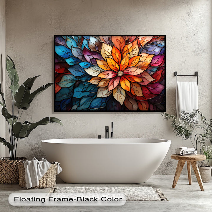The elegant white bathtub and woven baskets in the foreground contrast beautifully with the colorful stained glass flower canvas art prints on the wall.
