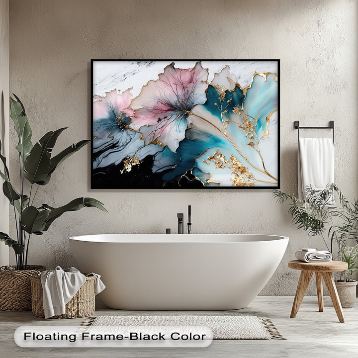The luxurious and serene mood is beautifully embodied by this pastel floral canvas art, featuring abstract flowers in soft pink, teal, and gold.