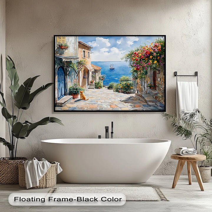 Mediterranean Daydream – Seaside Street with Cat Canvas Print - MyPhotoStation