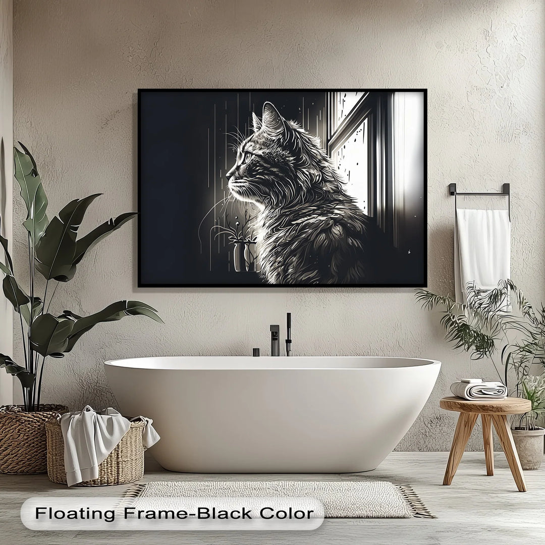 Cat Looking Out the Window in Monochrome - Cat Canvas Print - MyPhotoStation