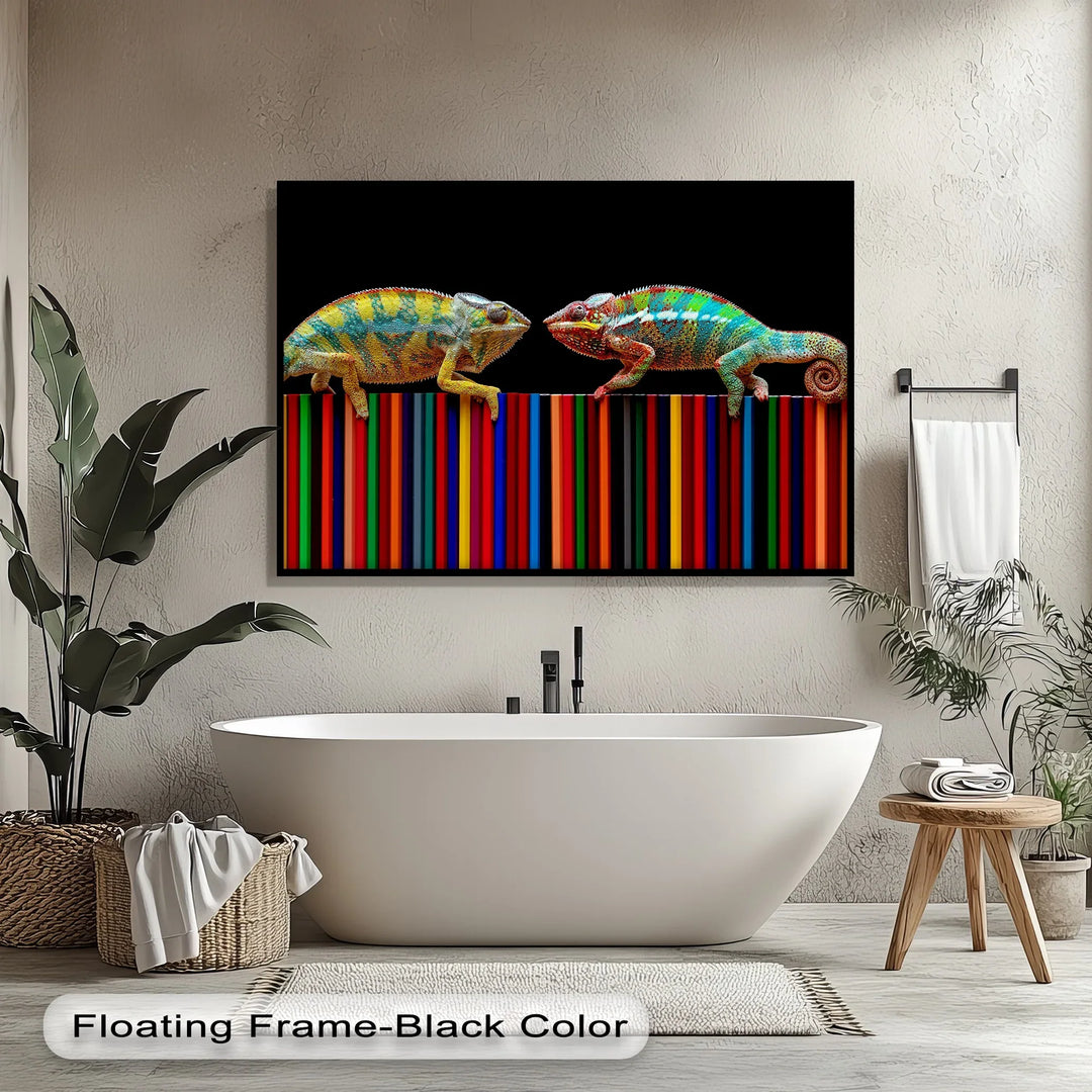 Color Clash – Vibrant Chameleon Duo on Pencils Canvas Print - MyPhotoStation