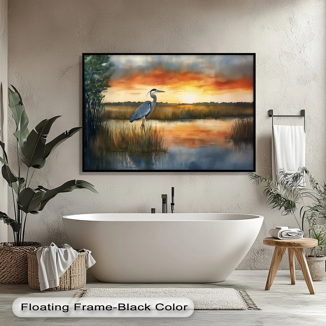 Golden Hour Marshland – Sunset Heron Canvas Wall Art - MyPhotoStation