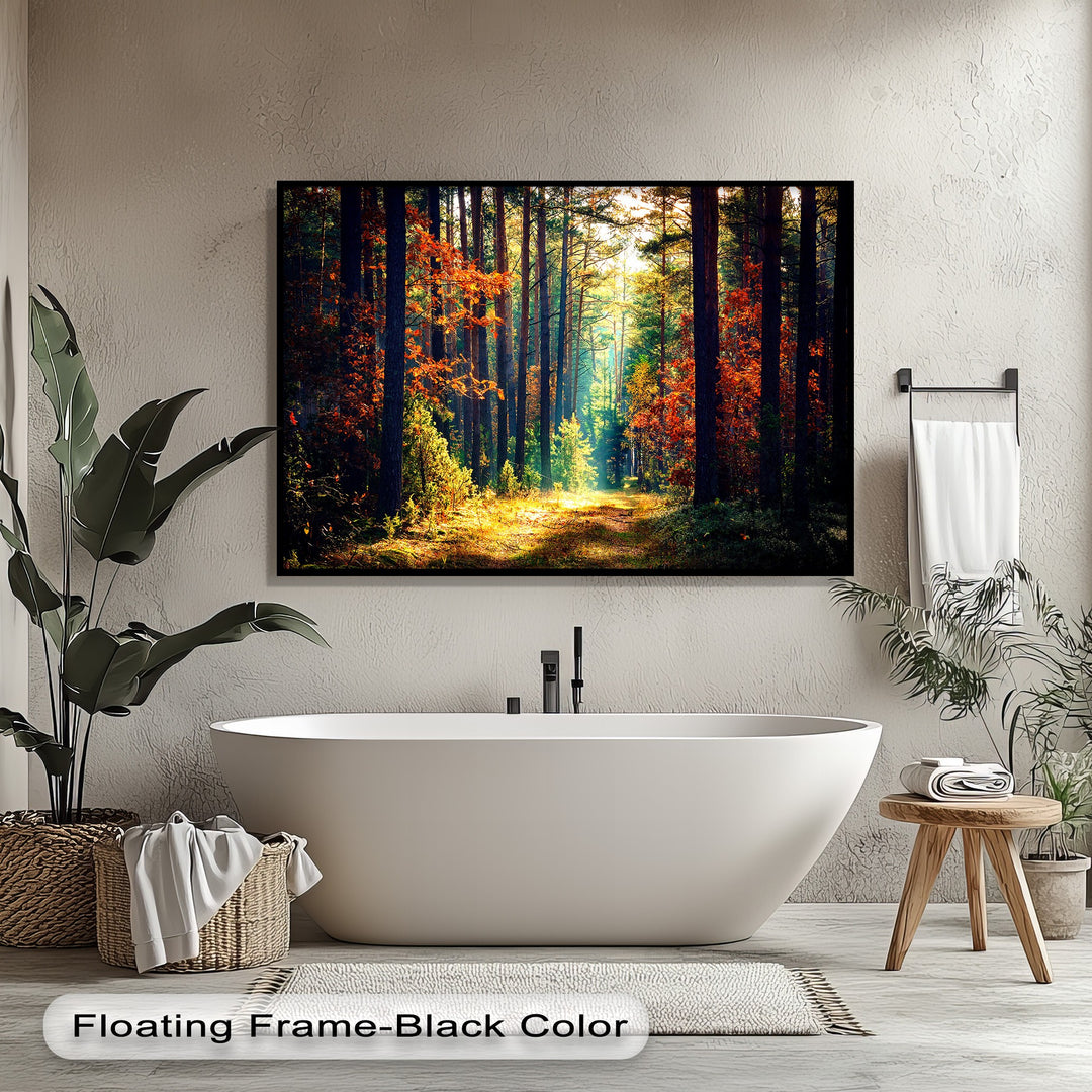 Vast negative space of textured beige walls and light floor beautifully frames the vibrant sunlit autumn forest canvas wall decor.