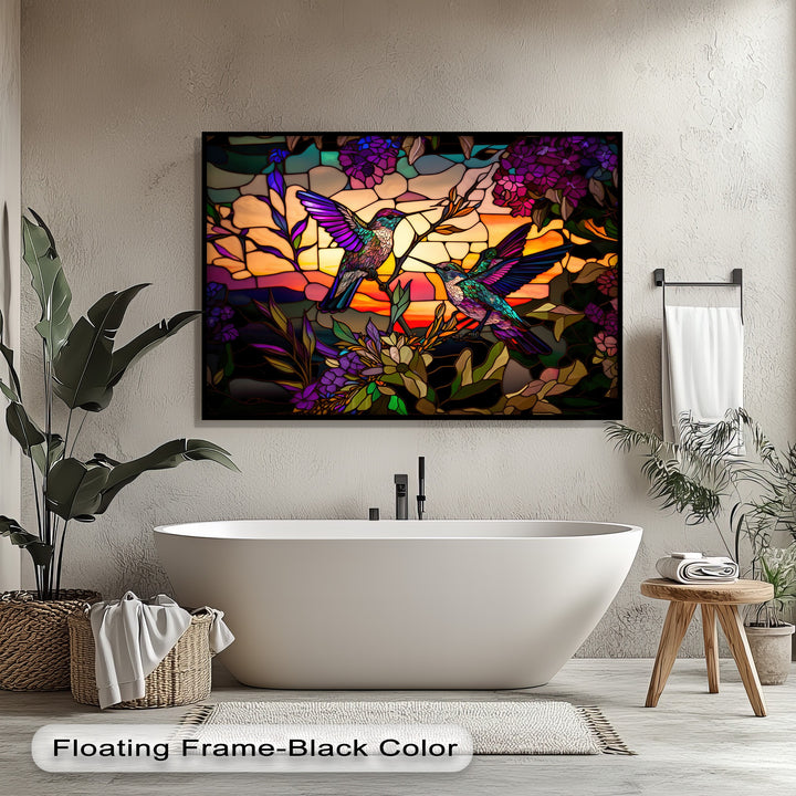 The tranquil mood is enhanced by vibrant stained glass hummingbirds and floral big canvas prints, casting a serene glow.