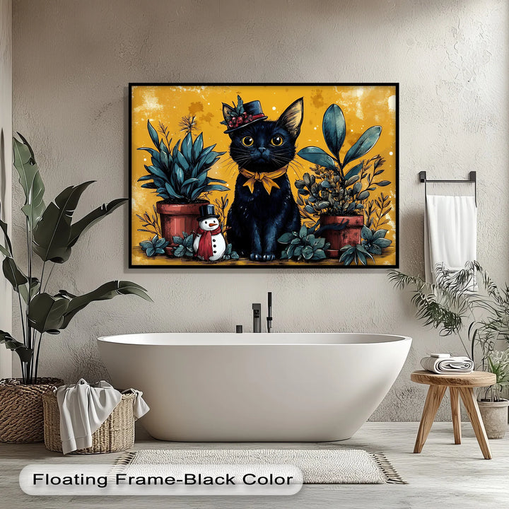 Black Cat with Holiday Hat and Yellow Ribbon - Cat Canvas Print - MyPhotoStation