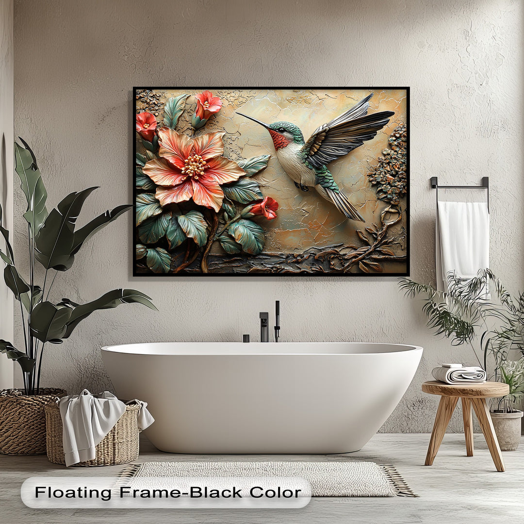 The transition between vibrant coral flowers and teal leaves creates a striking contrast in this unique canvas print, featuring a 3D-style hummingbird.